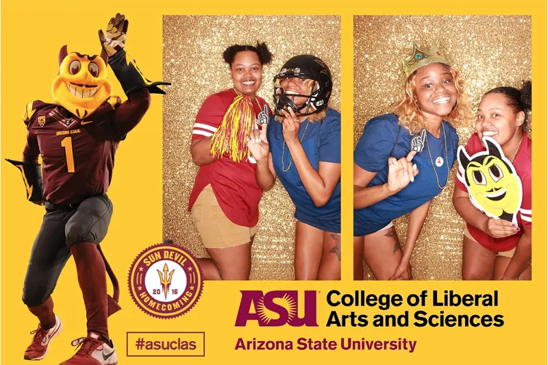 ASU Homecoming with Sparky mascot and students in Tempe, AZ.