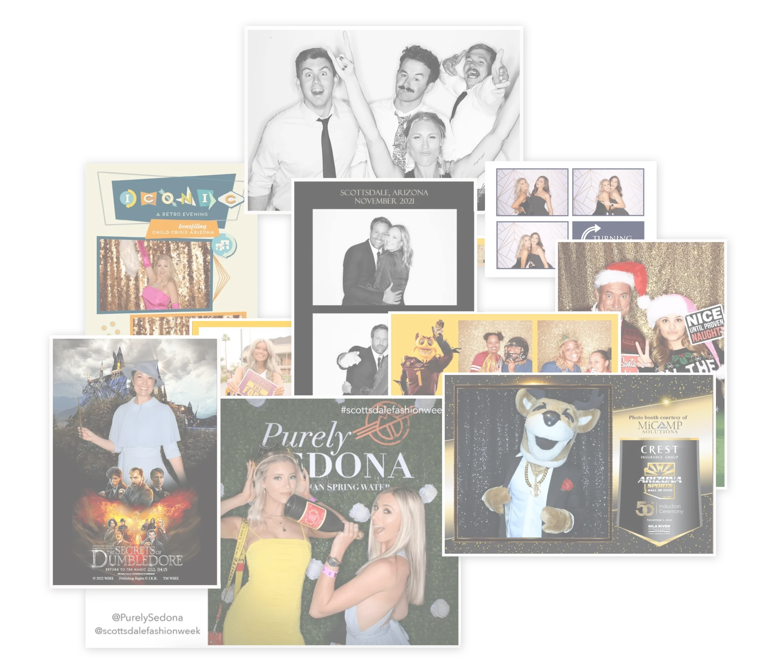 Collage showcasing various photo booth layouts from events in Phoenix, Scottsdale, Tucson, and Flagstaff AZ