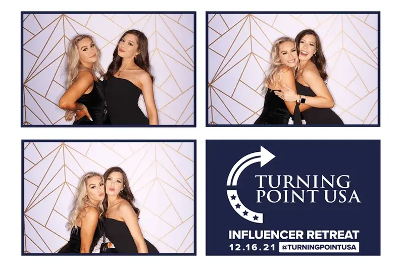 Two women posing in a 3 pose layout photo booth at an influencer retreat in Arizona